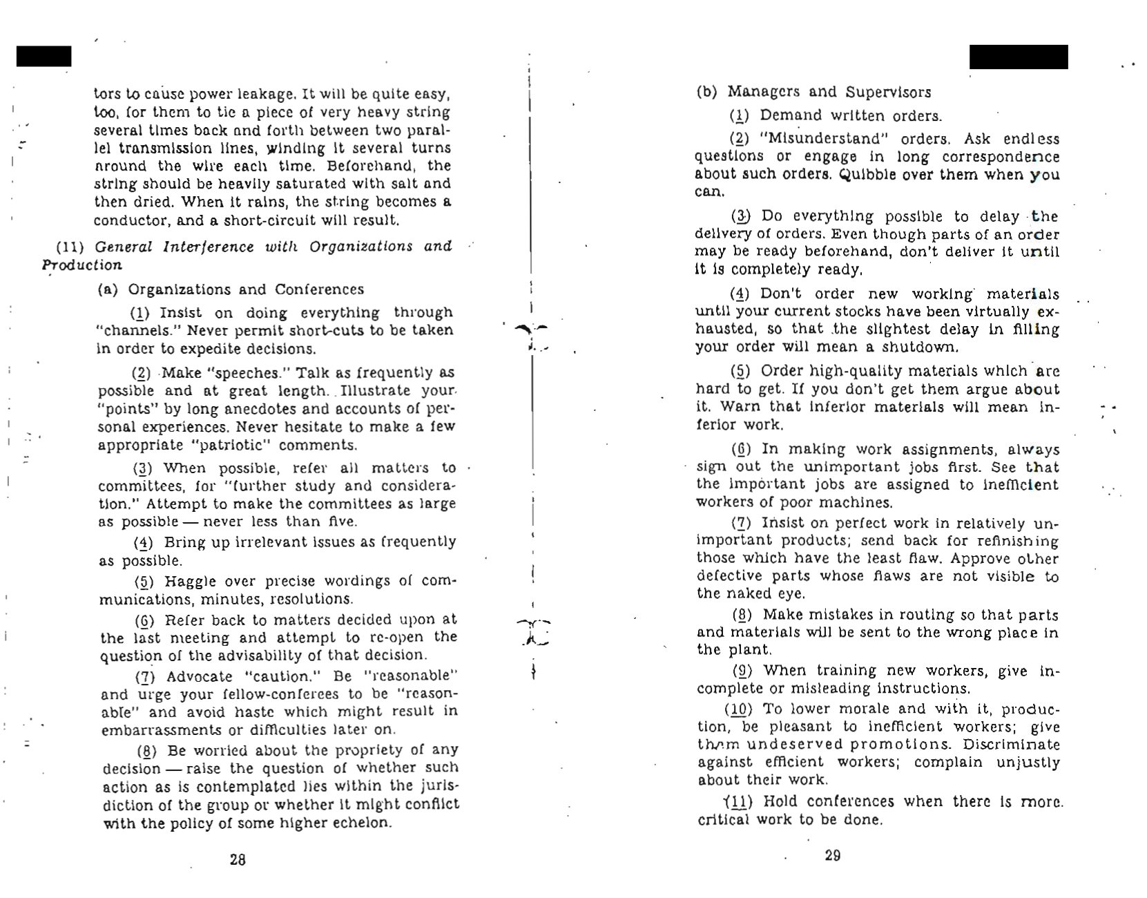 Pages 28 and 29 of the Simple Sabotage Manual